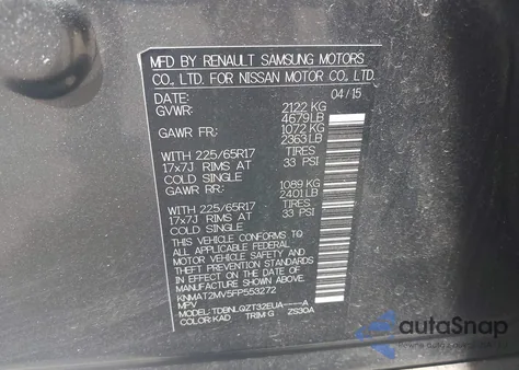 2015 Nissan Rogue Sv z USA, uszkodzony, nr VIN KNMAT2MV5FP553272